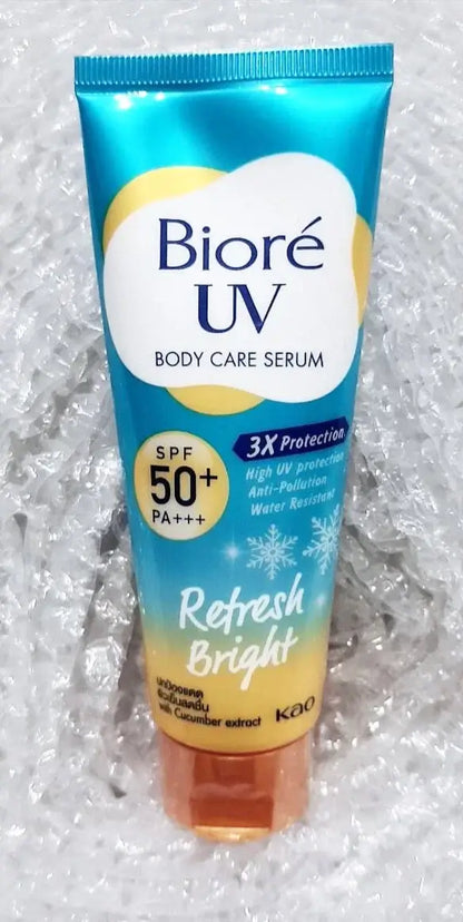 Front view of a Biore UV Body Care Serum 50ml Refresh Bright tube placed on a textured bubble wrap surface.