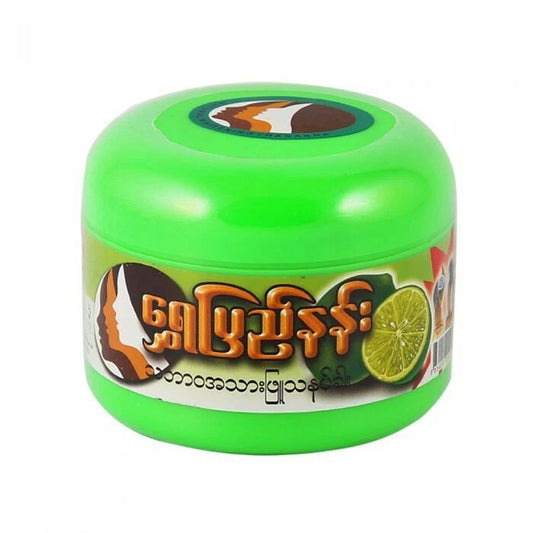 Thanaka Powder green jar container with lime graphic and Myanmar label