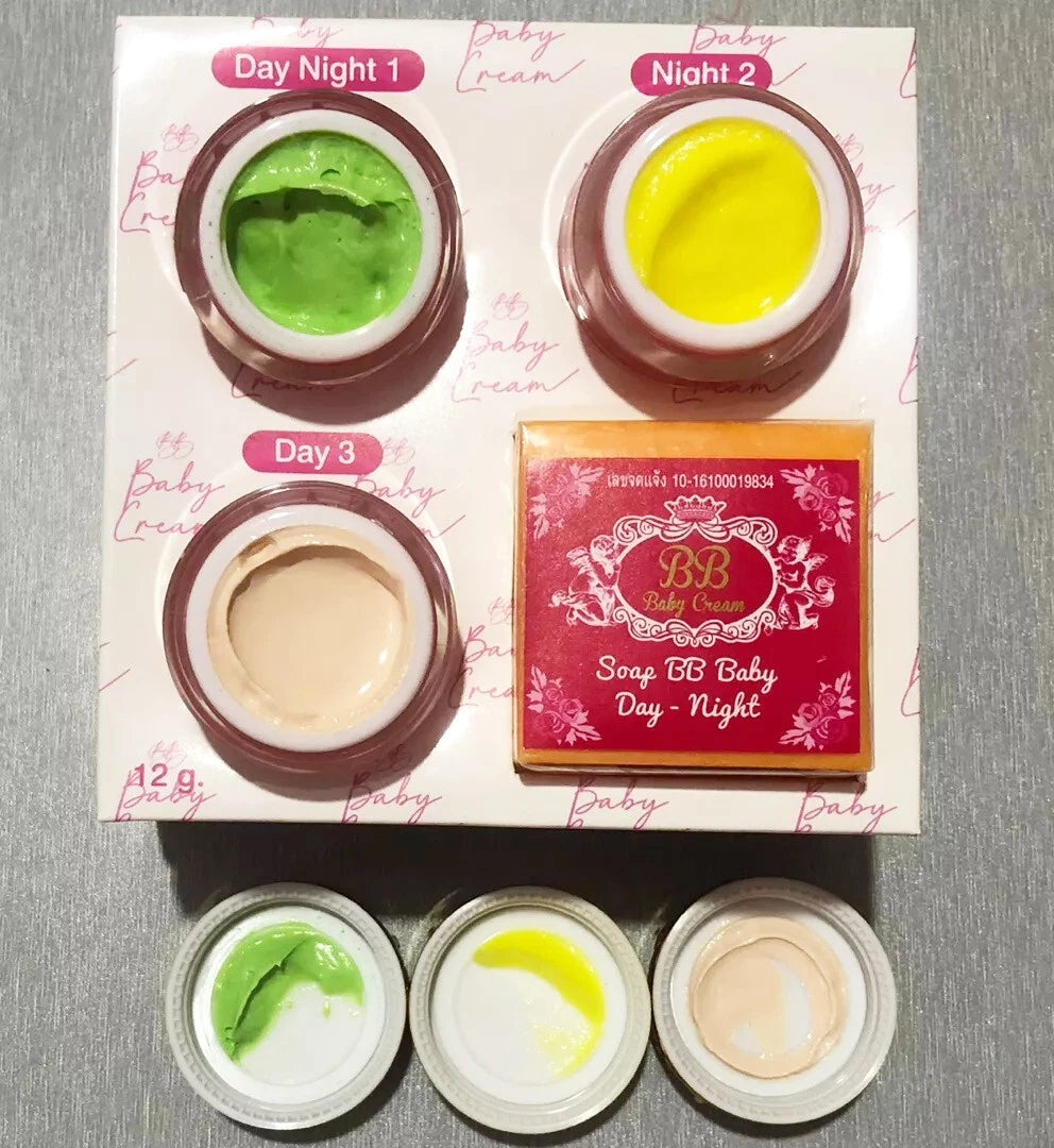 BB Baby Cream Set texture view of creams and soap product display