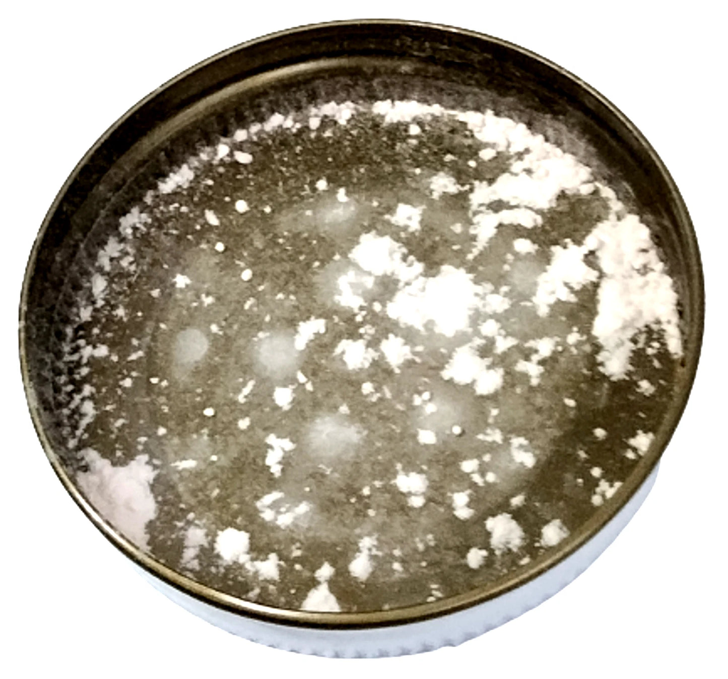 Snake brand prickly heat powder inner lid showing fine cooling talc residue inside the metal can of the Relaxing French Lavender variant