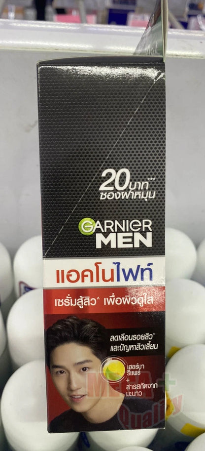 Garnier Men Acnofight Serum Cream close-up pack showing anti-acne and brightening claims for men