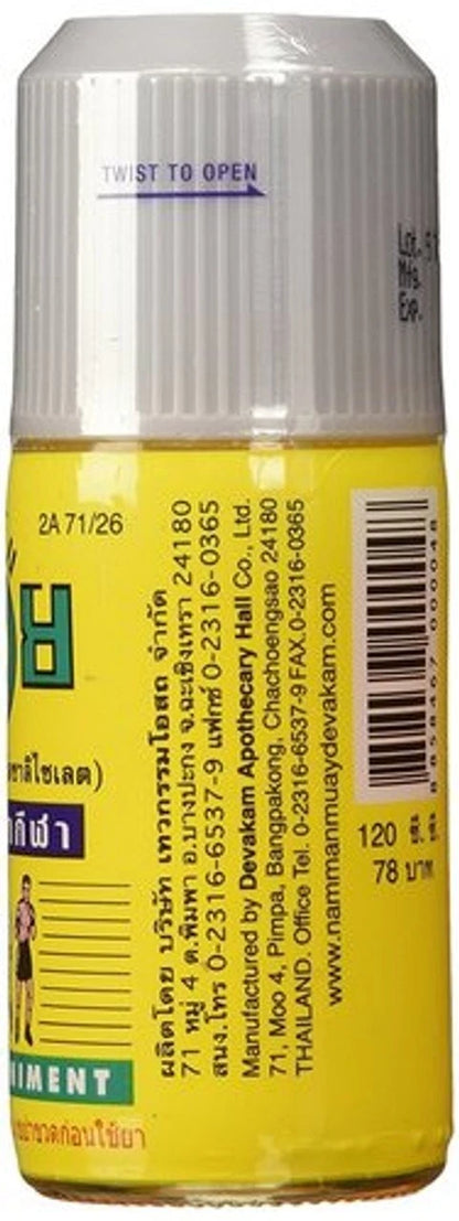 Namman Muay Liniment Oil close-up rear label displaying directions and ingredients for muscle warm-up and joint comfort