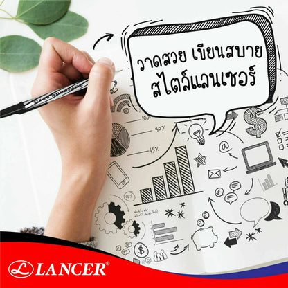 Hand using Lancer Spiral 0.5 Pen to write on a notepad filled with sketches and graphs.