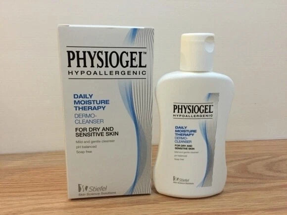 Physiogel Hypoallergenic Cleanser product display on table for dry and sensitive skin