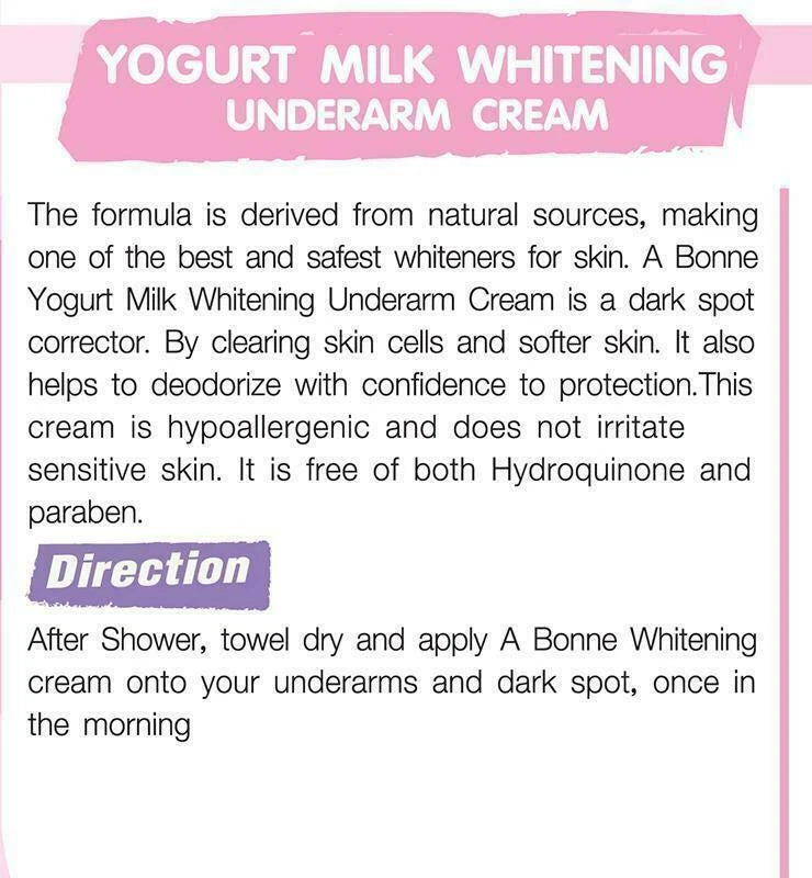 A BONNE Underarm Cream Yogurt Milk formula for whitening and nourishing underarm skin, 30g tube with directions.