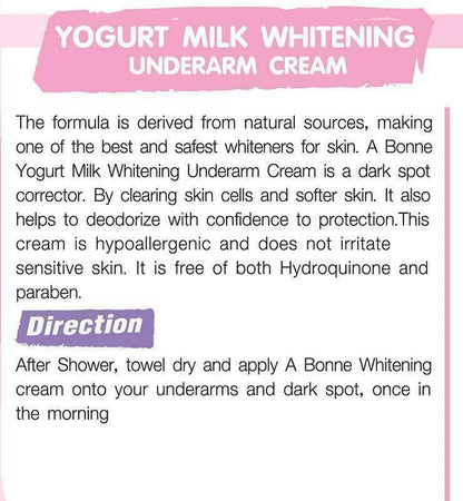 A BONNE Underarm Cream Yogurt Milk formula for whitening and nourishing underarm skin, 30g tube with directions.