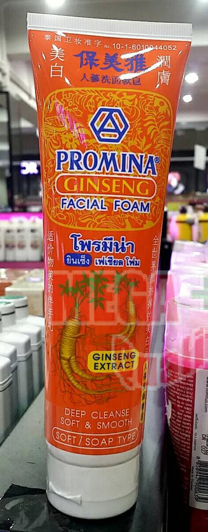 PROMINA Ginseng Facial Foam tube showcasing deep cleansing and soft smooth benefits in vibrant packaging.