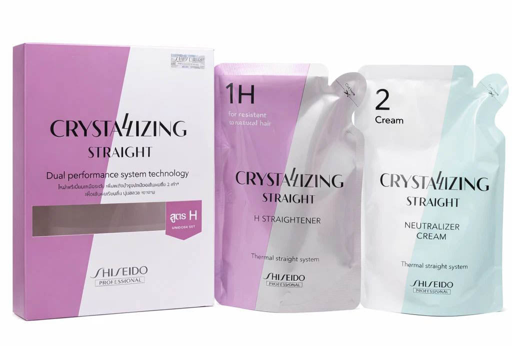 Shiseido Crystallizing Straight H1 Hair Straightening Set including H Straightener and Neutralizer Cream for thermal straightening.