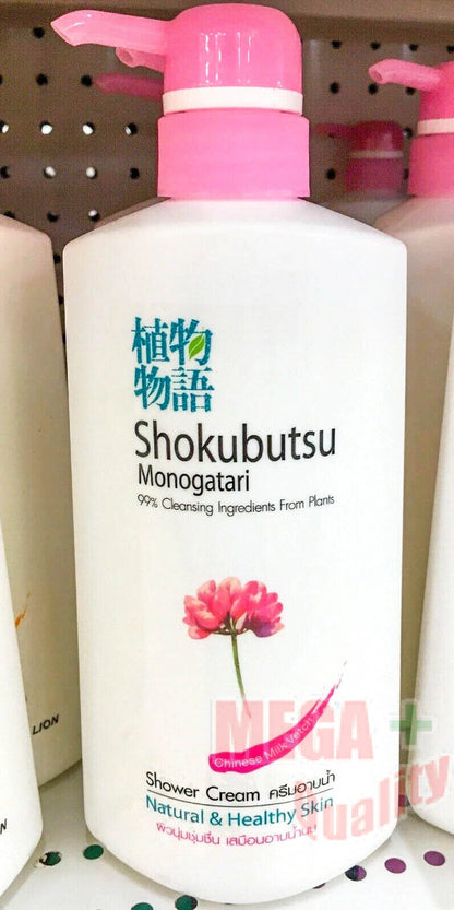 Shokubutsu Chinese Milk Vetch Shower Cream bottle with pink pump for natural skin care and cleansing.