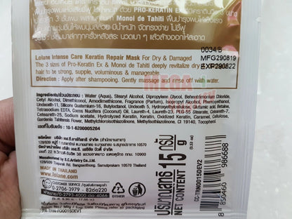 Lolane Keratin Repair Mask back packaging with ingredients and directions