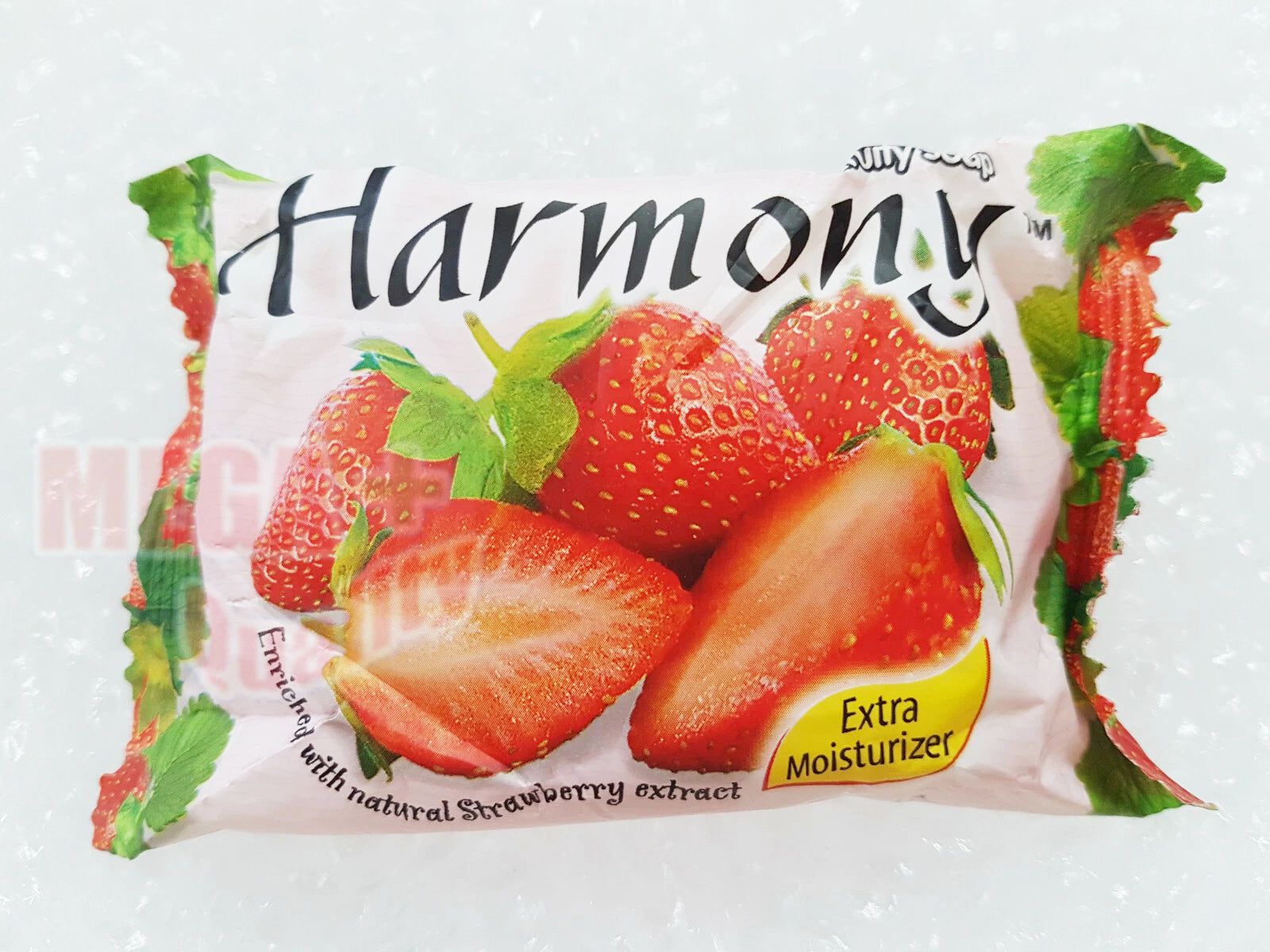 Front angled view of Harmony Fruity Soap Strawberry 75g package showing strawberry images