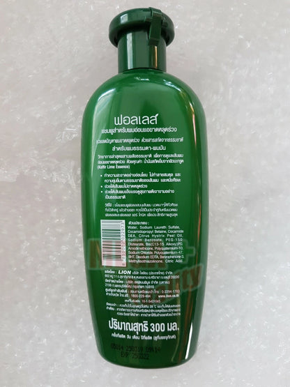 Back of Falles Kaffir Lime Hair Reviving Shampoo 300 ml bottle displaying ingredients, usage instructions, and product details.