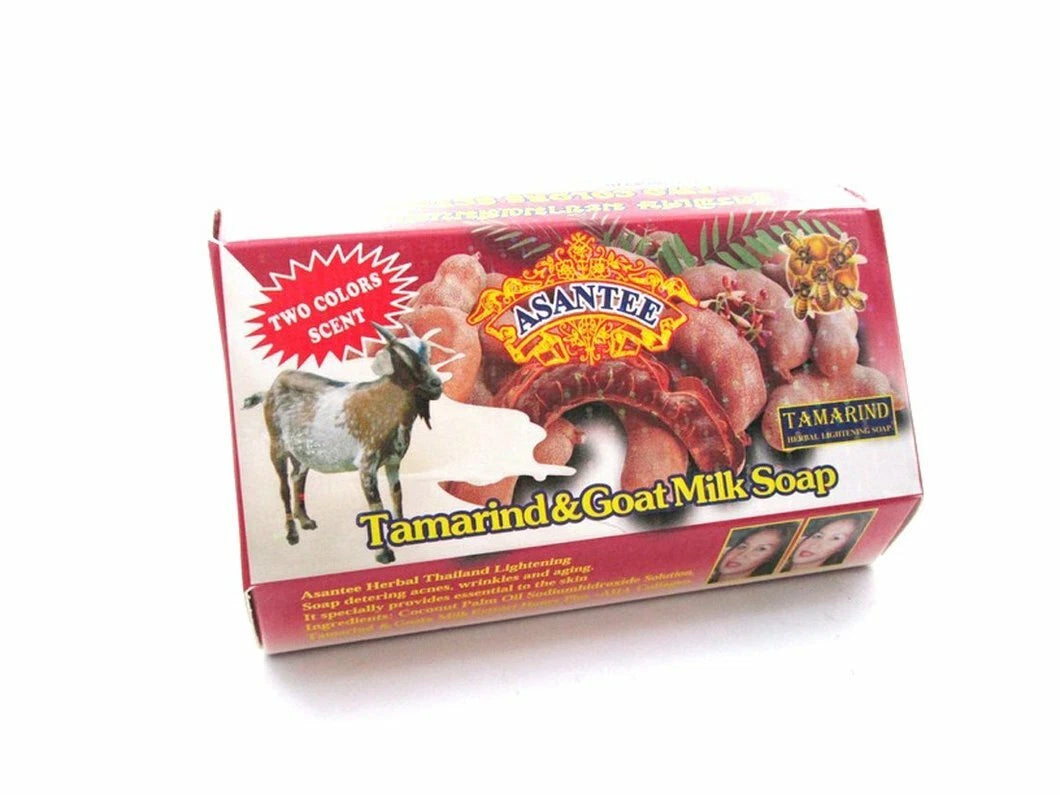 Asantee Tamarind Goat Milk Soap retail pack highlighting Thai herbal formula for smooth bright skin