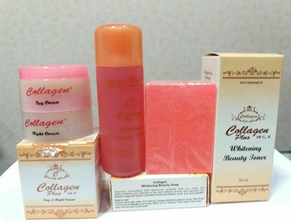 Collagen Plus Skincare Set with toner bottle soap and cream arranged neatly on table