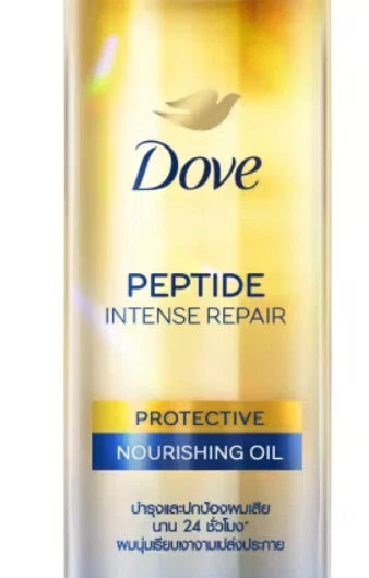 Close-up of Dove Peptide Intense Repair Oil label highlighting peptide intense repair and 24h nourishing oil benefits.