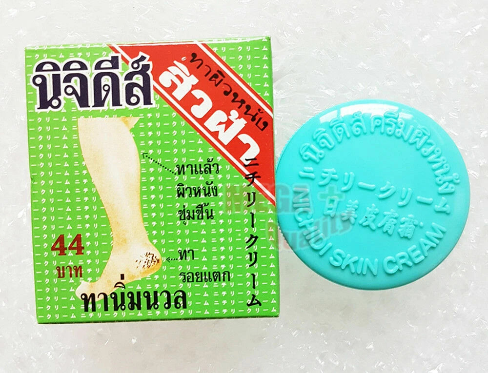Front of the NICHIDI Cracked Skin Cream box showing the leg image and cracked heel cream jar 8.3g