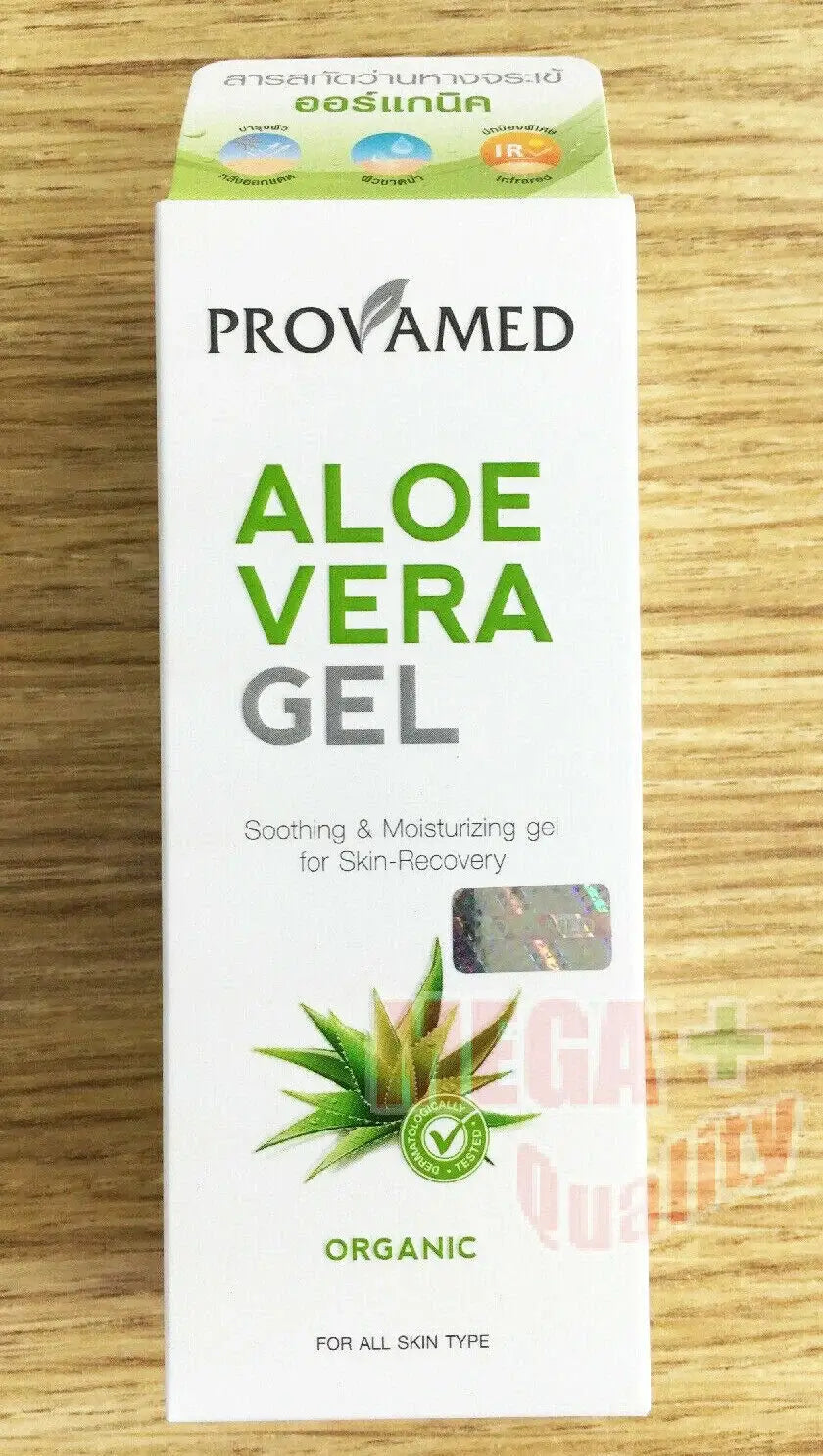 Provamed Aloe Vera Gel vertical box packaging showing front details on wooden background