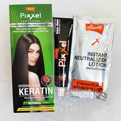 Open box of LOLANE Pixxel Hair Straightening Cream Normal Formula with cream and neutralizer sachets