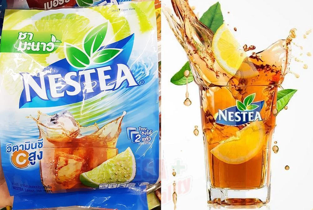 NESTEA Lemon Iced Tea Mix Powder bag with glass of prepared lemon iced tea