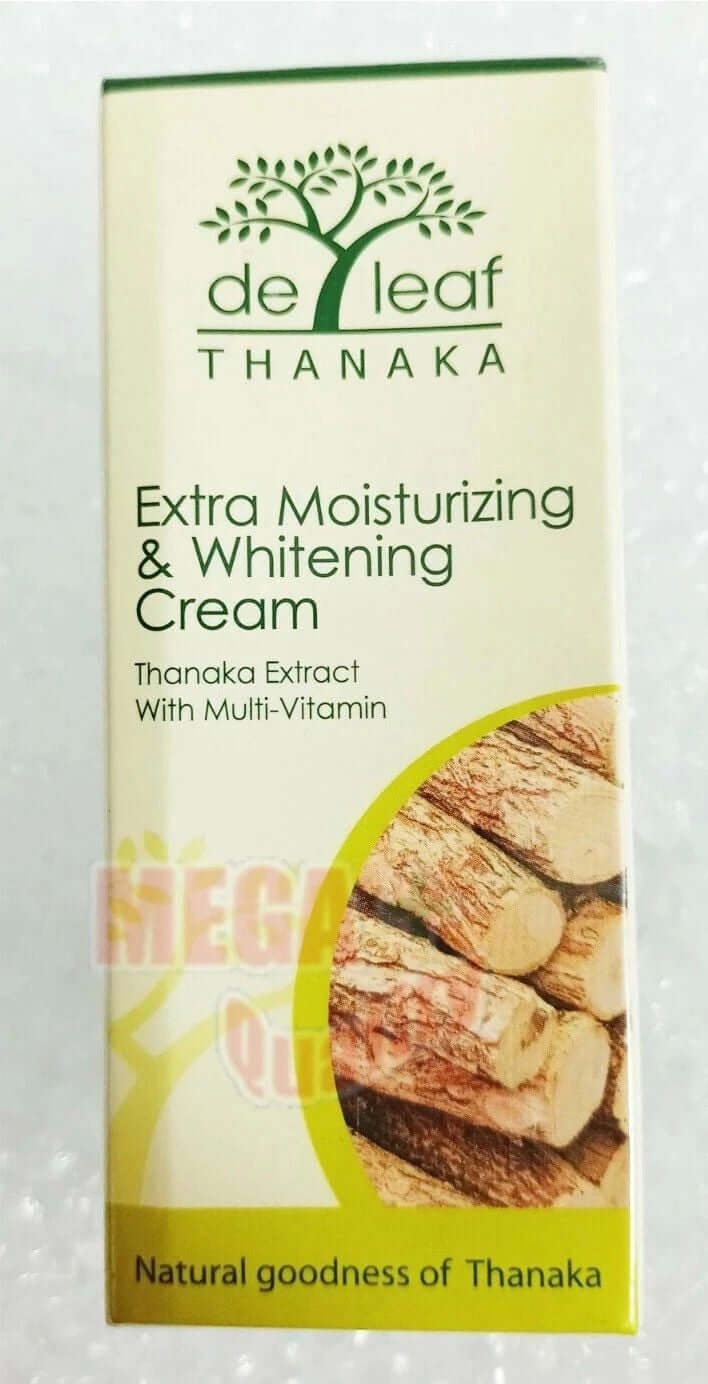 De Leaf Thanaka Cream packaging featuring extra moisturizing and whitening cream with Thanaka extract and multi-vitamins.