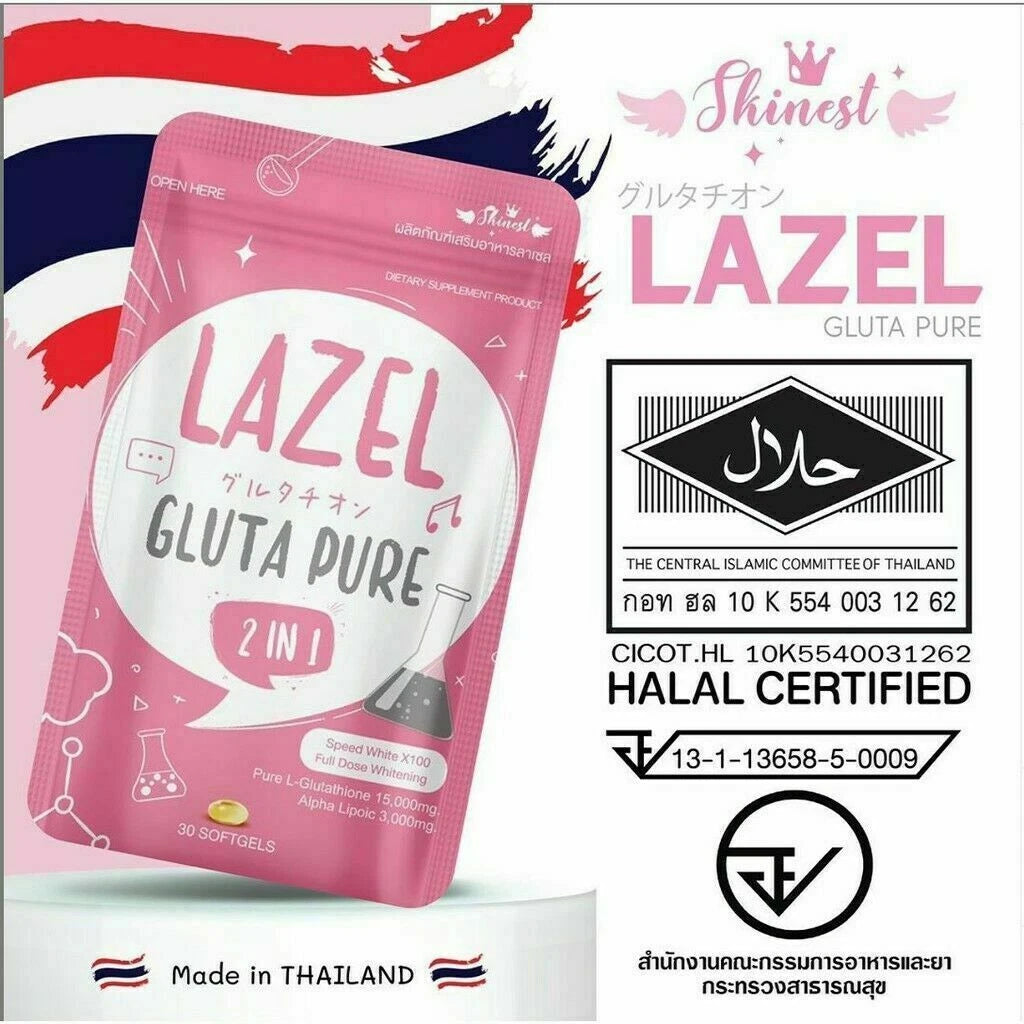 Lazel Gluta Pure 2 in 1 softgel product packaging with Thai FDA certification and quality seals
