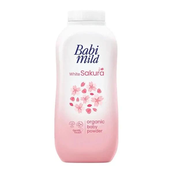Babi Mild White Sakura Baby Powder organic baby powder bottle with soft floral design for gentle newborn care.