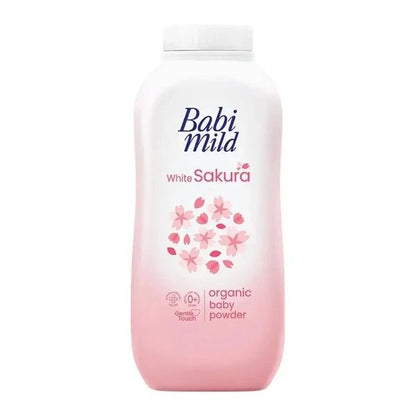 Babi Mild White Sakura Baby Powder organic baby powder bottle with soft floral design for gentle newborn care.