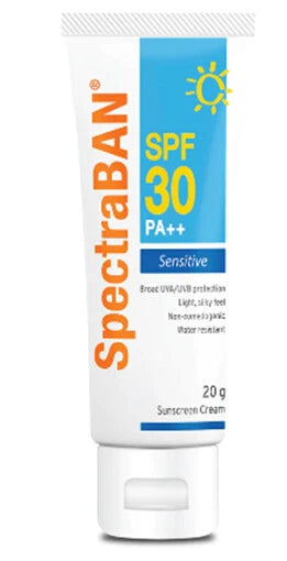 SpectraBAN Sensitive Sunscreen cream tube white blue design