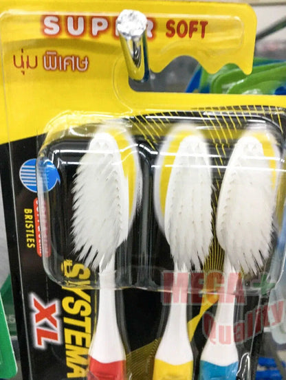 Systema XL Toothbrush pack with three toothbrushes featuring soft bristles and large heads for effective cleaning.