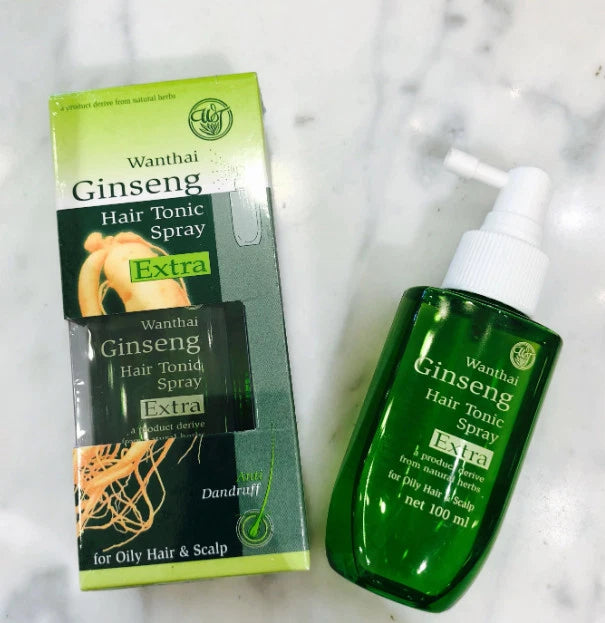 Wanthai Ginseng Hair Tonic spray product front and side view with packaging