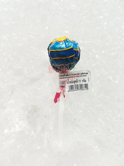 Single Chupa Chups Cola flavor lollipop in blue wrapper on a white background