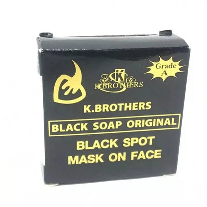 Front of the K Brothers Black Spot Soap box labeled 'Black Spot Mask on Face'