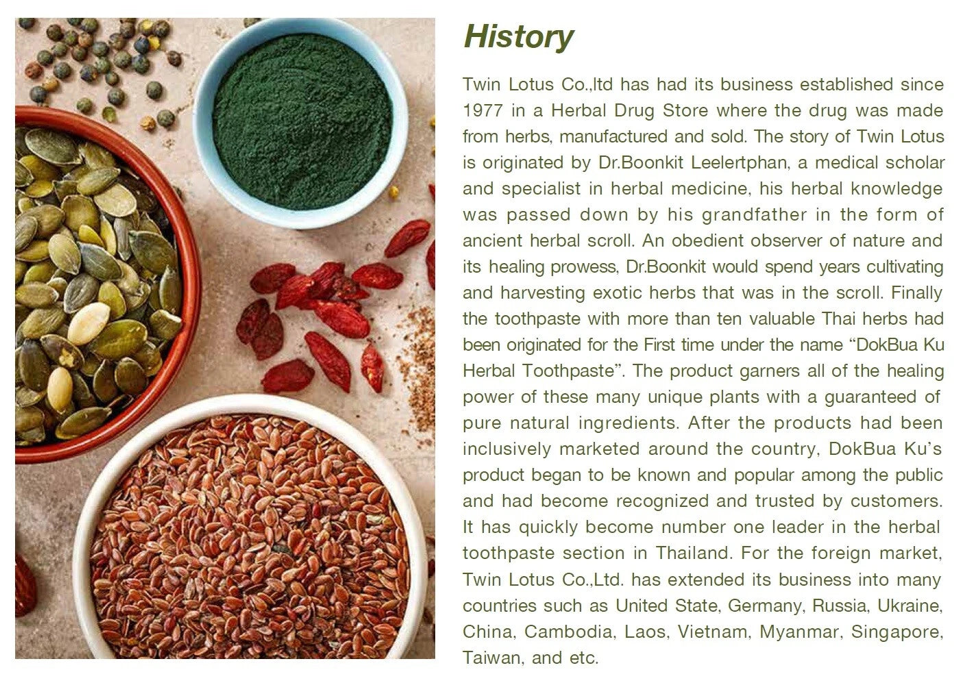 Ingredients and description text for Twin Lotus Sensitive Toothpaste with herbal elements in the background