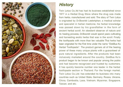 Ingredients and description text for Twin Lotus Sensitive Toothpaste with herbal elements in the background