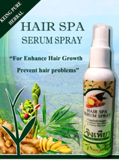 Keing Pure Hair Serum Thai herbal spa spray packaging and botanical elements.