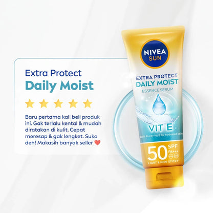 Nivea Sun Moist Serum SPF50 PA+++ product with packaging and water splash design