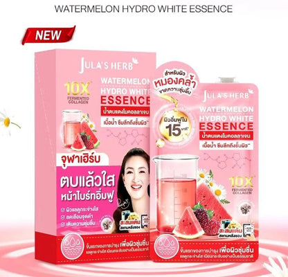 Jula's Herb Watermelon Essence packaging showcasing facial essence with 10X fermented collagen for bright, plump skin