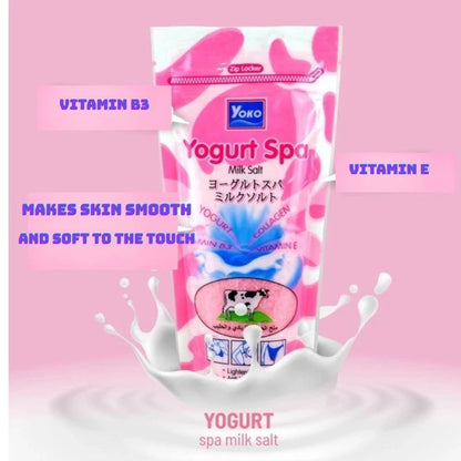 Yoko Yogurt Spa Milk Salt product showcase pink background 300g