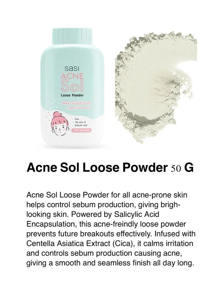 Sasi Acne Sol Loose Powder usage and result illustration