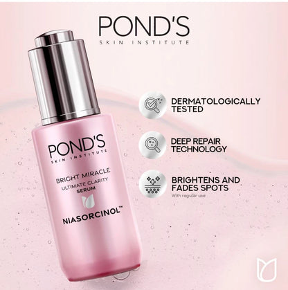 Ponds Bright Miracle Serum benefits infographic pink background