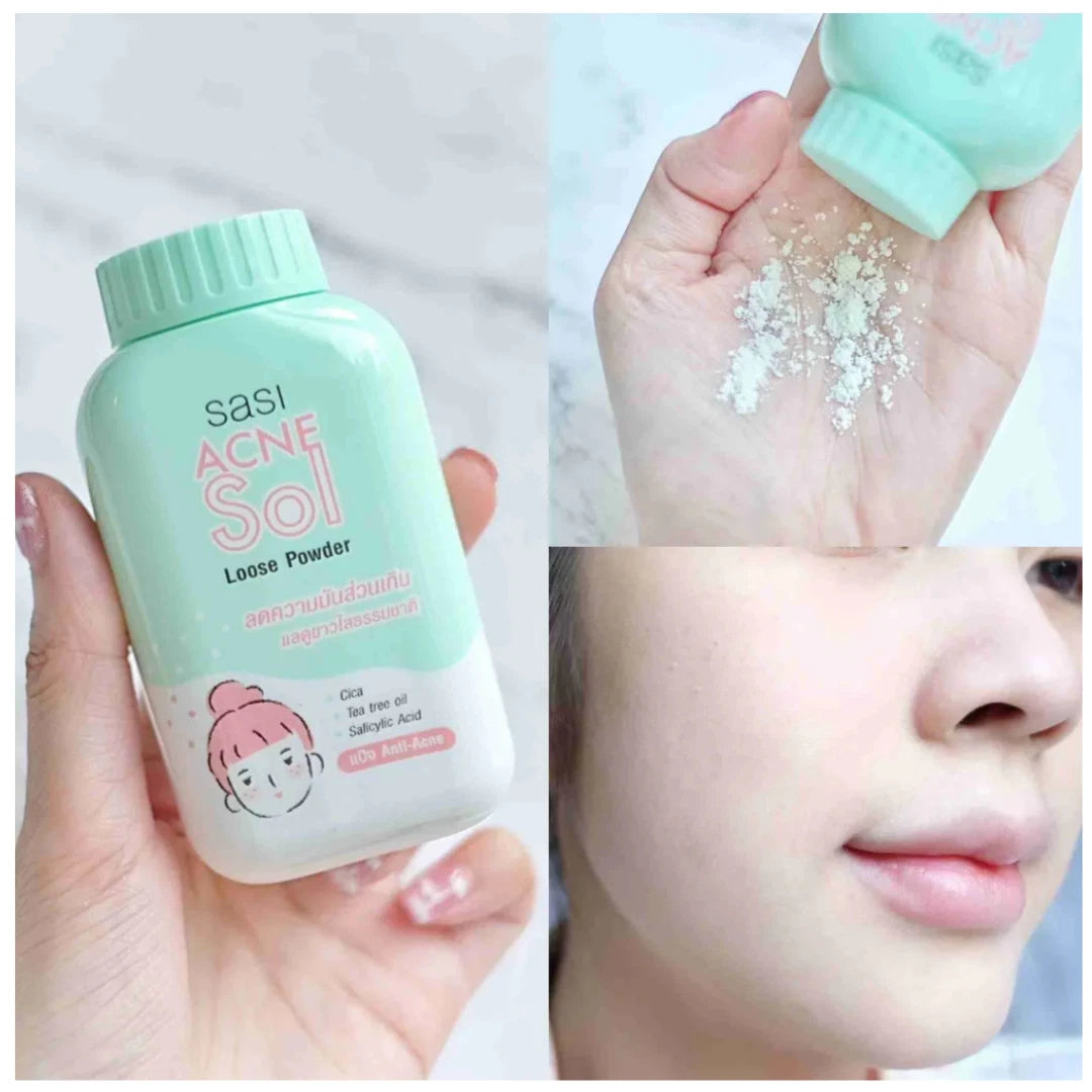 Sasi Acne Sol Loose Powder 50g with model face and product
