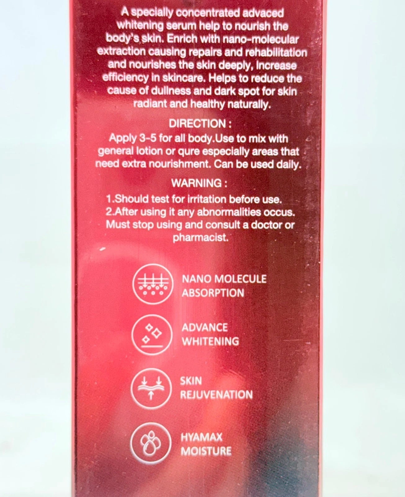 Elf Nano White Dose Serum side view showing 10X concentrated nano whitening formula details