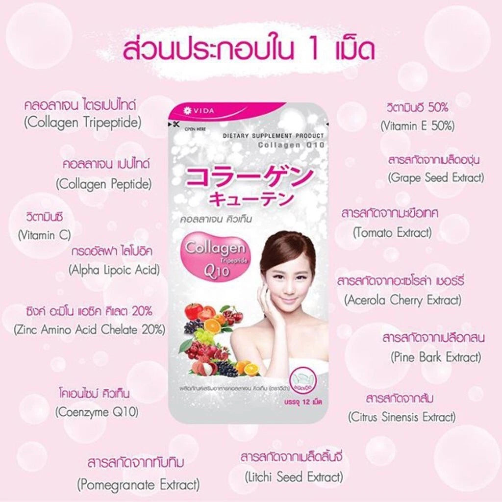 Vida Collagen Q10 product information card with pink background