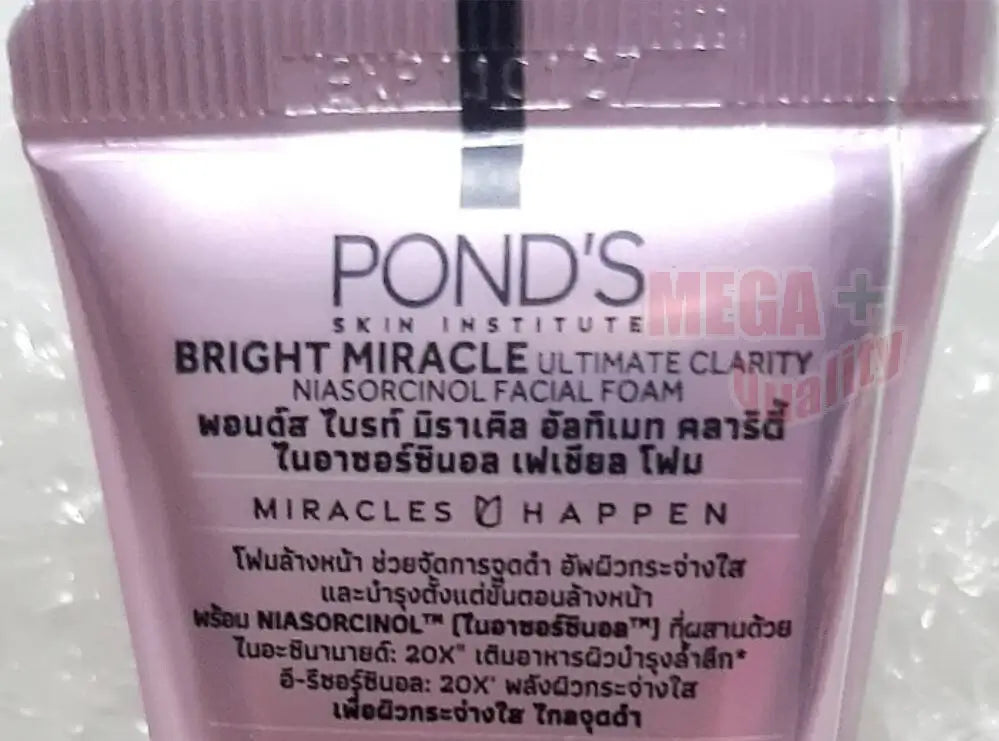 Ponds Bright Miracle Foam Ultimate Clarity Pinkish Glow Facial Cleanser packaging with detailed information.