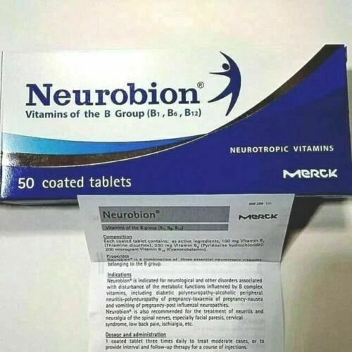 Neurobion Vitamin B Complex packaging with instruction leaflet and tablet pack by Merck