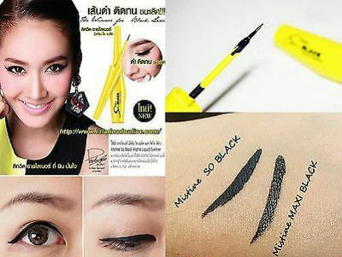Mistine So Black liquid eyeliner usage demonstration on eyes and hand swatches