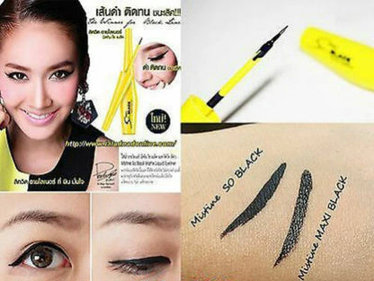 Mistine So Black liquid eyeliner usage demonstration on eyes and hand swatches