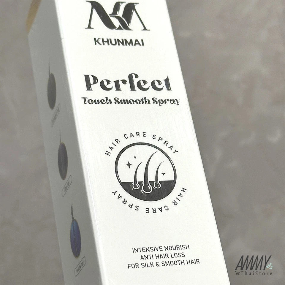 KHUNMAI Perfect Touch Spray product box close up with hair care label