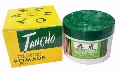 Tancho Hair Pomade box and jar green lid product display
