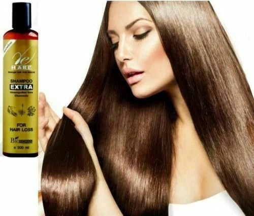 A woman with long, healthy, and shiny hair alongside a bottle of Biowoman Re Hare Shampoo